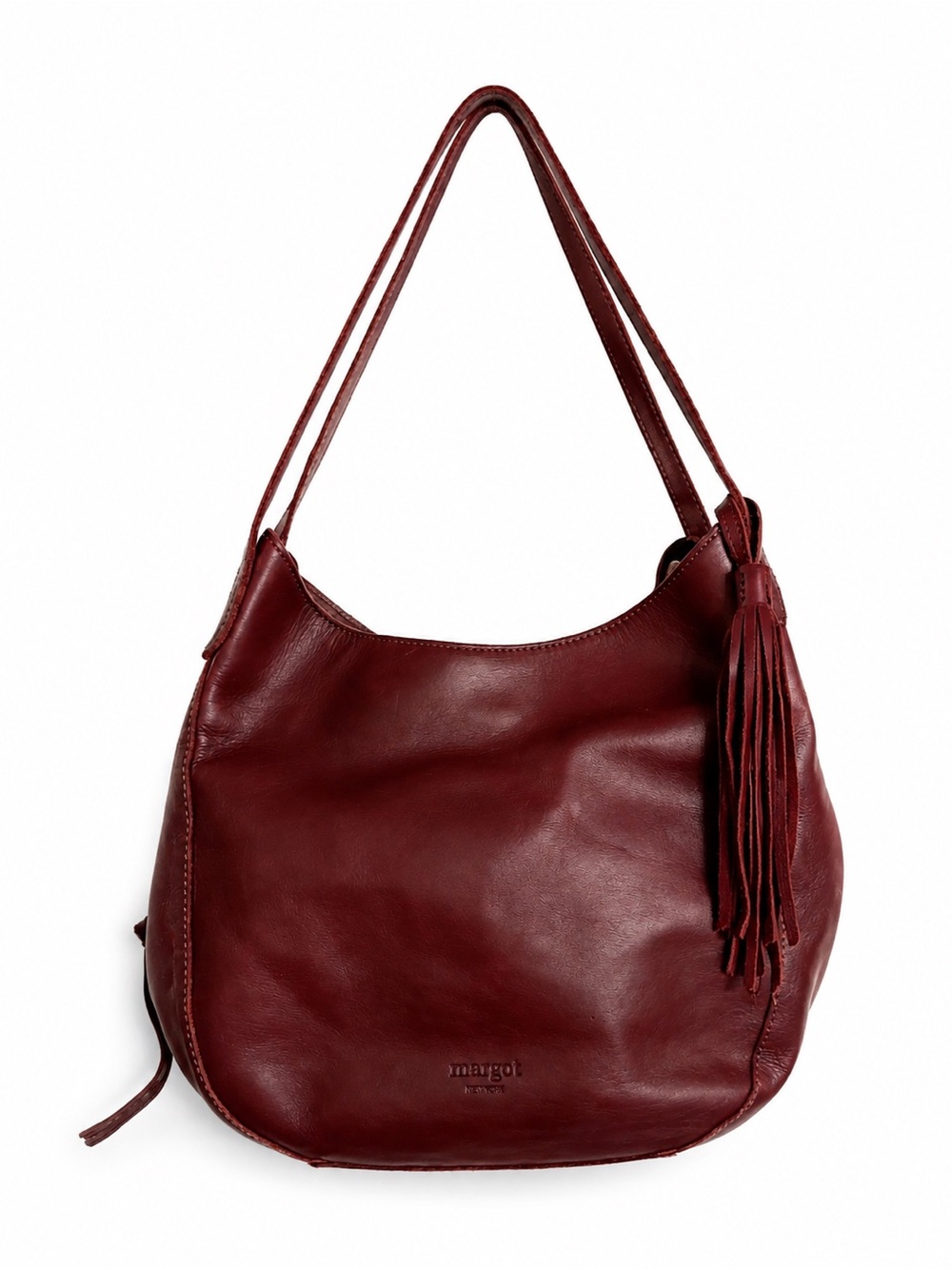 Margot New York Burgundy Genuine Leather Hobo Shoulder Bag with Tassel
